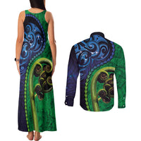 New Zealand Matariki Fern Frond Koru Couples Matching Tank Maxi Dress and Long Sleeve Button Shirt with Galaxy Blue Sky and Green Paua Shell Art