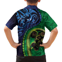 New Zealand Matariki Fern Frond Koru Family Matching Long Sleeve Bodycon Dress and Hawaiian Shirt with Galaxy Blue Sky and Green Paua Shell Art