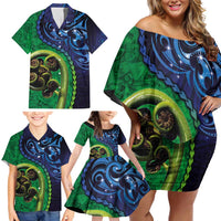 New Zealand Matariki Fern Frond Koru Family Matching Off Shoulder Short Dress and Hawaiian Shirt with Galaxy Blue Sky and Green Paua Shell Art