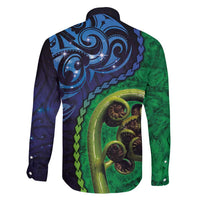New Zealand Matariki Fern Frond Koru Family Matching Off Shoulder Short Dress and Hawaiian Shirt with Galaxy Blue Sky and Green Paua Shell Art