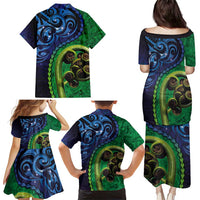 New Zealand Matariki Fern Frond Koru Family Matching Puletasi and Hawaiian Shirt with Galaxy Blue Sky and Green Paua Shell Art