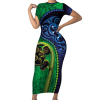 New Zealand Matariki Fern Frond Koru Family Matching Short Sleeve Bodycon Dress and Hawaiian Shirt with Galaxy Blue Sky and Green Paua Shell Art