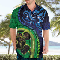 New Zealand Matariki Fern Frond Koru Hawaiian Shirt with Galaxy Blue Sky and Green Paua Shell Art