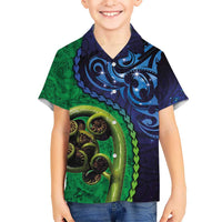 New Zealand Matariki Fern Frond Koru Hawaiian Shirt with Galaxy Blue Sky and Green Paua Shell Art