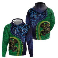 New Zealand Matariki Fern Frond Koru Hoodie with Galaxy Blue Sky and Green Paua Shell Art