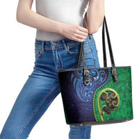 New Zealand Matariki Fern Frond Koru Leather Tote Bag with Galaxy Blue Sky and Green Paua Shell Art