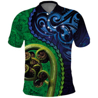 New Zealand Matariki Fern Frond Koru Polo Shirt with Galaxy Blue Sky and Green Paua Shell Art