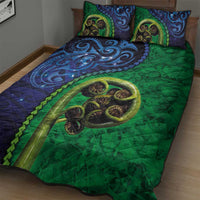 New Zealand Matariki Fern Frond Koru Quilt Bed Set with Galaxy Blue Sky and Green Paua Shell Art