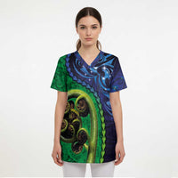 New Zealand Matariki Fern Frond Koru Scrub Top with Galaxy Blue Sky and Green Paua Shell Art - Polynesian Pride