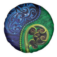 New Zealand Matariki Fern Frond Koru Spare Tire Cover with Galaxy Blue Sky and Green Paua Shell Art