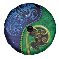 New Zealand Matariki Fern Frond Koru Spare Tire Cover with Galaxy Blue Sky and Green Paua Shell Art