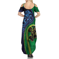 New Zealand Matariki Fern Frond Koru Summer Maxi Dress with Galaxy Blue Sky and Green Paua Shell Art