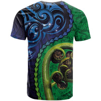 New Zealand Matariki Fern Frond Koru T Shirt with Galaxy Blue Sky and Green Paua Shell Art