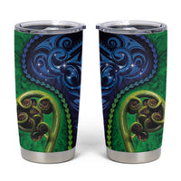New Zealand Matariki Fern Frond Koru Tumbler Cup with Galaxy Blue Sky and Green Paua Shell Art