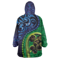 New Zealand Matariki Fern Frond Koru Wearable Blanket Hoodie with Galaxy Blue Sky and Green Paua Shell Art