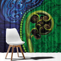 New Zealand Matariki Fern Frond Koru Window Curtain with Galaxy Blue Sky and Green Paua Shell Art