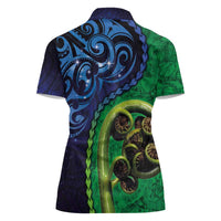 New Zealand Matariki Fern Frond Koru Women Polo Shirt with Galaxy Blue Sky and Green Paua Shell Art
