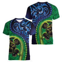 New Zealand Matariki Fern Frond Koru Women V-Neck T-Shirt with Galaxy Blue Sky and Green Paua Shell Art