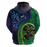 New Zealand Matariki Fern Frond Koru Zip Hoodie with Galaxy Blue Sky and Green Paua Shell Art