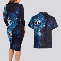 Matariki New Zealand Maori Koru Art Tattoo Couples Matching Long Sleeve Bodycon Dress and Hawaiian Shirt New Year Galaxy Blue Sky Style
