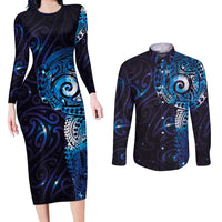 Matariki New Zealand Maori Koru Art Tattoo Couples Matching Long Sleeve Bodycon Dress and Long Sleeve Button Shirt New Year Galaxy Blue Sky Style