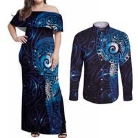 Matariki New Zealand Maori Koru Art Tattoo Couples Matching Off Shoulder Maxi Dress and Long Sleeve Button Shirt New Year Galaxy Blue Sky Style