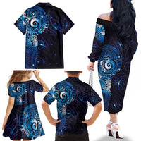 Matariki New Zealand Maori Koru Art Tattoo Family Matching Off The Shoulder Long Sleeve Dress and Hawaiian Shirt New Year Galaxy Blue Sky Style