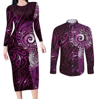 Matariki New Zealand Maori Koru Art Tattoo Couples Matching Long Sleeve Bodycon Dress and Long Sleeve Button Shirt New Year Galaxy Pink Sky Style