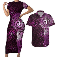 Matariki New Zealand Maori Koru Art Tattoo Couples Matching Short Sleeve Bodycon Dress and Hawaiian Shirt New Year Galaxy Pink Sky Style