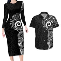 New Zealand Maori Koru Art Traditional Tattoo Couples Matching Long Sleeve Bodycon Dress and Hawaiian Shirt Simple Style