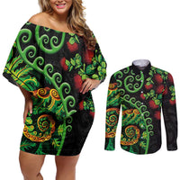 New Zealand Koru Plants and Pohutukawa Couples Matching Off Shoulder Short Dress and Long Sleeve Button Shirt Maori Tattoo Pattern