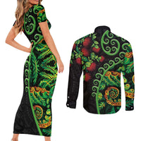 New Zealand Koru Plants and Pohutukawa Couples Matching Short Sleeve Bodycon Dress and Long Sleeve Button Shirt Maori Tattoo Pattern