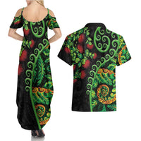 New Zealand Koru Plants and Pohutukawa Couples Matching Summer Maxi Dress and Hawaiian Shirt Maori Tattoo Pattern