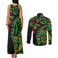 New Zealand Koru Plants and Pohutukawa Couples Matching Tank Maxi Dress and Long Sleeve Button Shirt Maori Tattoo Pattern