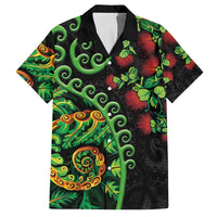 New Zealand Koru Plants and Pohutukawa Family Matching Off The Shoulder Long Sleeve Dress and Hawaiian Shirt Maori Tattoo Pattern