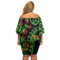New Zealand Koru Plants and Pohutukawa Off Shoulder Short Dress Maori Tattoo Pattern
