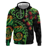 New Zealand Koru Plants and Pohutukawa Zip Hoodie Maori Tattoo Pattern