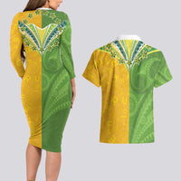 Cook Islands Language Week Couples Matching Long Sleeve Bodycon Dress and Hawaiian Shirt Tatau Pattern and Rarotongan Alphabet - Polynesian Pride