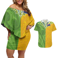 Cook Islands Language Week Couples Matching Off Shoulder Short Dress and Hawaiian Shirt Tatau Pattern and Rarotongan Alphabet - Polynesian Pride