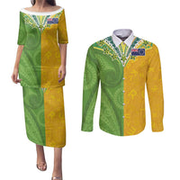 Cook Islands Language Week Couples Matching Puletasi and Long Sleeve Button Shirt Tatau Pattern and Rarotongan Alphabet - Polynesian Pride