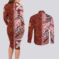 Tonga Language Week Couples Matching Long Sleeve Bodycon Dress and Long Sleeve Button Shirt Ngatu Pattern and Tongan Alphabet - Polynesian Pride