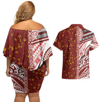 Tonga Language Week Couples Matching Off Shoulder Short Dress and Hawaiian Shirt Ngatu Pattern and Tongan Alphabet - Polynesian Pride