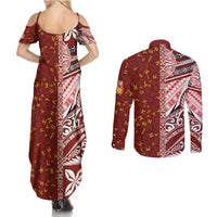 Tonga Language Week Couples Matching Summer Maxi Dress and Long Sleeve Button Shirt Ngatu Pattern and Tongan Alphabet - Polynesian Pride