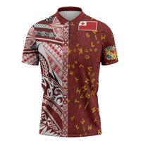 Tonga Language Week Zipper Polo Shirt Ngatu Pattern and Tongan Alphabet - Polynesian Pride