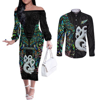 New Zealand Couples Matching Off The Shoulder Long Sleeve Dress and Long Sleeve Button Shirts Silver Fern and Manaia with Papua Shell Maori Tribal LT03 White - Polynesian Pride