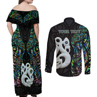 Custom New Zealand Couples Matching Off Shoulder Maxi Dress and Long Sleeve Button Shirts Silver Fern and Manaia with Papua Shell Maori Tribal LT03 - Polynesian Pride
