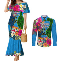 Personalised Malampa Fiji Day Couples Matching Mermaid Dress and Long Sleeve Button Shirts Tropical Plants Mix Polynesian and Tapa Pattern LT03 Blue - Polynesian Pride