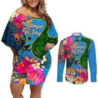 Personalised Malampa Fiji Day Couples Matching Off Shoulder Short Dress and Long Sleeve Button Shirts Tropical Plants Mix Polynesian and Tapa Pattern LT03 Blue - Polynesian Pride