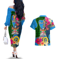 Personalised Malampa Fiji Day Couples Matching Off The Shoulder Long Sleeve Dress and Hawaiian Shirt Tropical Plants Mix Polynesian and Tapa Pattern LT03 - Polynesian Pride