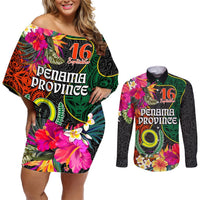 Personalised Penama Day Couples Matching Off Shoulder Short Dress and Long Sleeve Button Shirts Proud To Be A Ni-Van Beauty Pacific Flower LT03 Black - Polynesian Pride